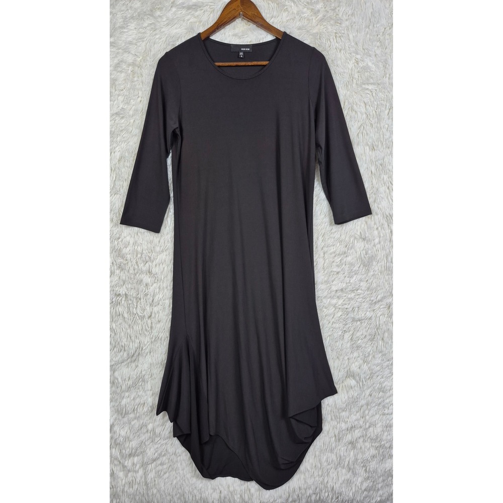 Sun Kim Black Rachel Dress Midi 3/4 Sleeve Size‎ S Jersey Lagenlook Asymmetrical